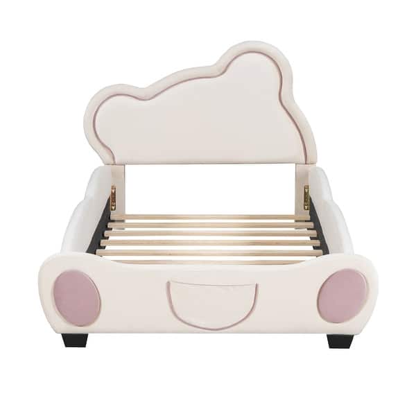slide 2 of 11, Twin Upholstered Kids Bed with Bear-shaped Headboard & Pocket,Beige