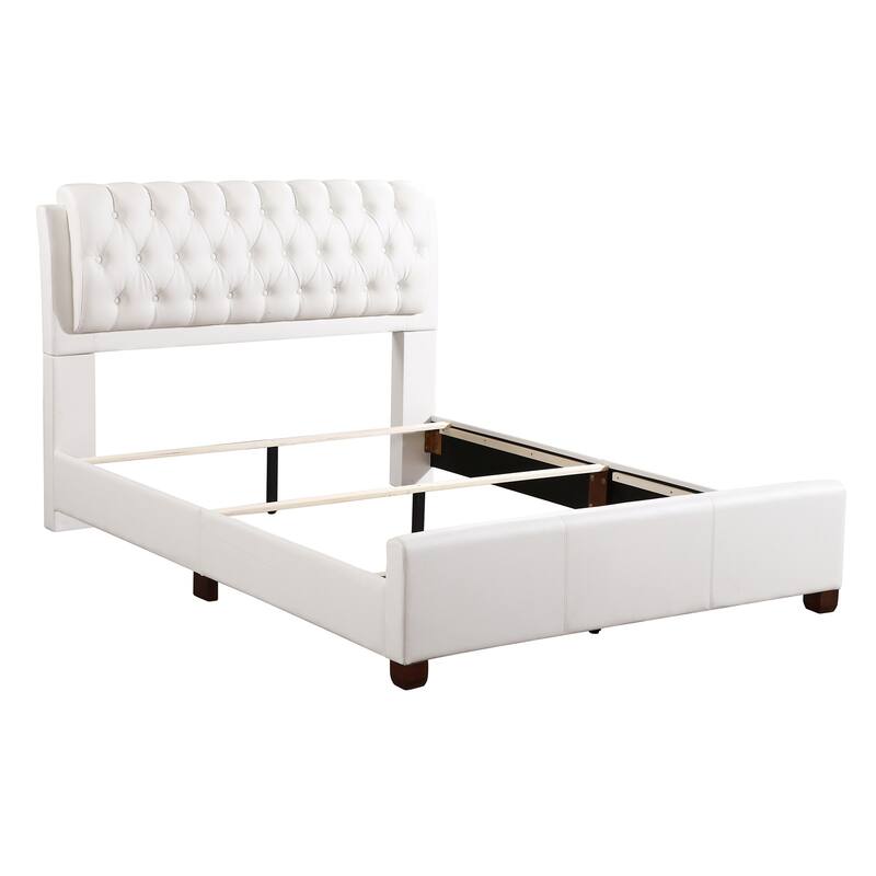King Panel Bed - Faux Leather Upholstery, Padded Headboard & Wood Veneers - Requires Box Spring