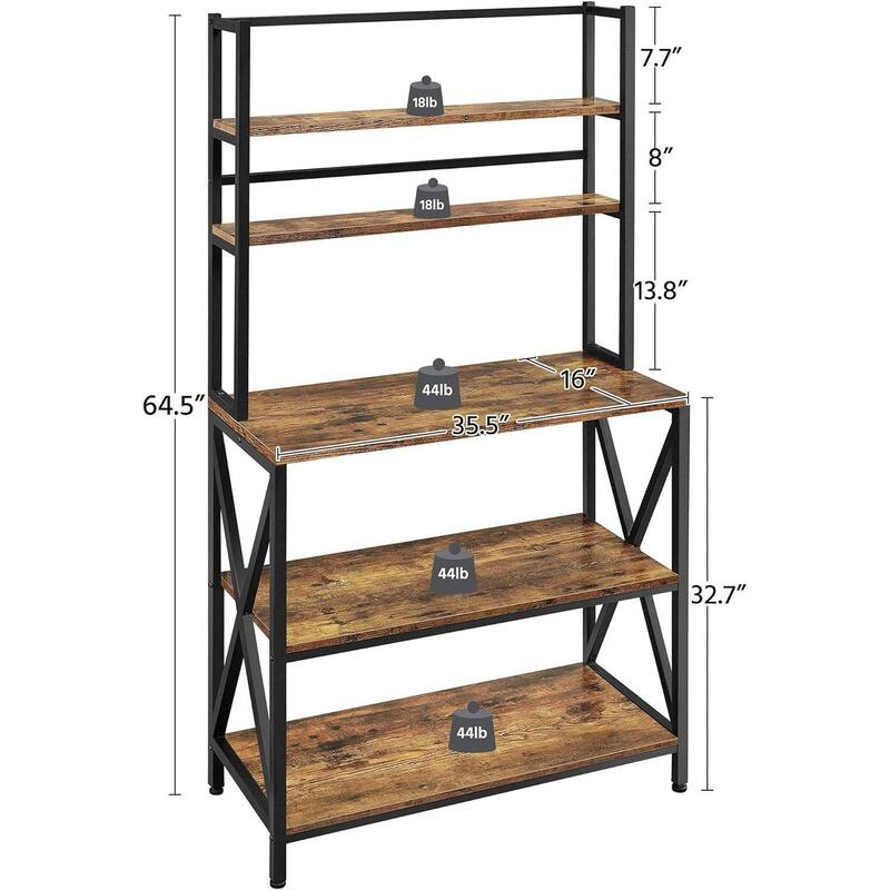 Wood Metal 5-Tier Adjustable Bakers Rack for Kitchen and Living Room Storage - 16"D x 35.5"W x 64.5"H