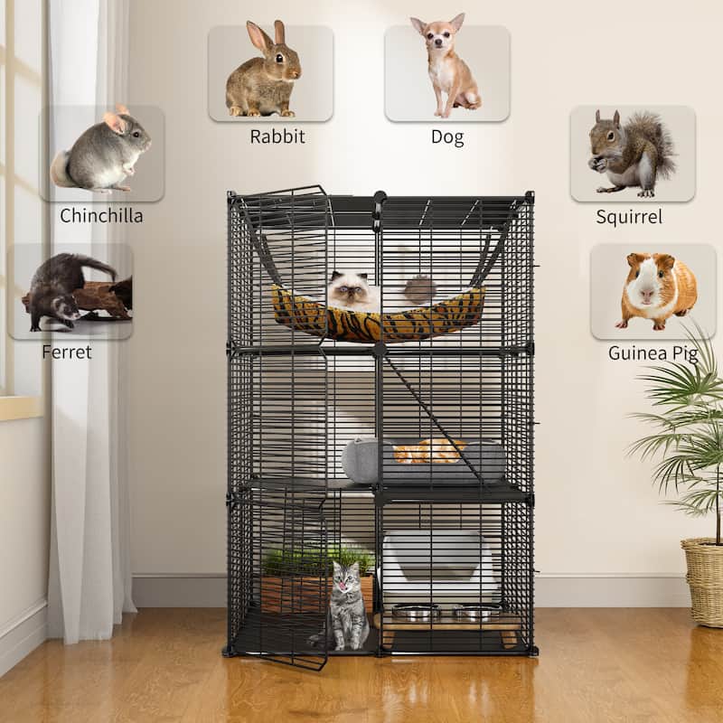 Cat Cage Indoor Cat Enclosures DIY Cat Playpen Metal Kennel with Extra Large Hammock for 1-2 Cats, Ferret, Small Animals