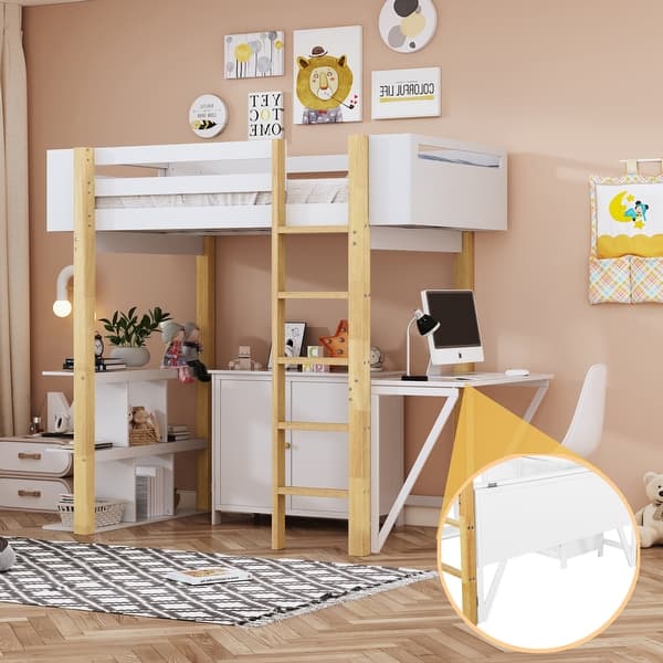 slide 2 of 19, White Twin Size Solid Wood Loft Bed with Storage Cabinet & Desk Twin - White