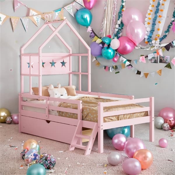 slide 2 of 9, Wood Twin House Bed with Guardrail and Drawer Pink