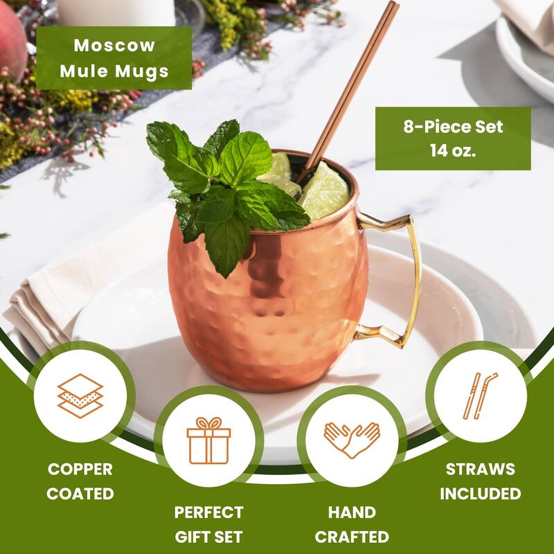 Moscow Mule Mugs Bar Accessories Drinking Cups 14 oz - 8 Pieces - 4 Cups & 4 Straws