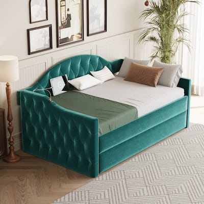 Tufted Upholstered Frame Daybed Velvet Sofa Bed with USB and Type-C Charging Ports, Twin Platform Low Profile Bed with Trundle