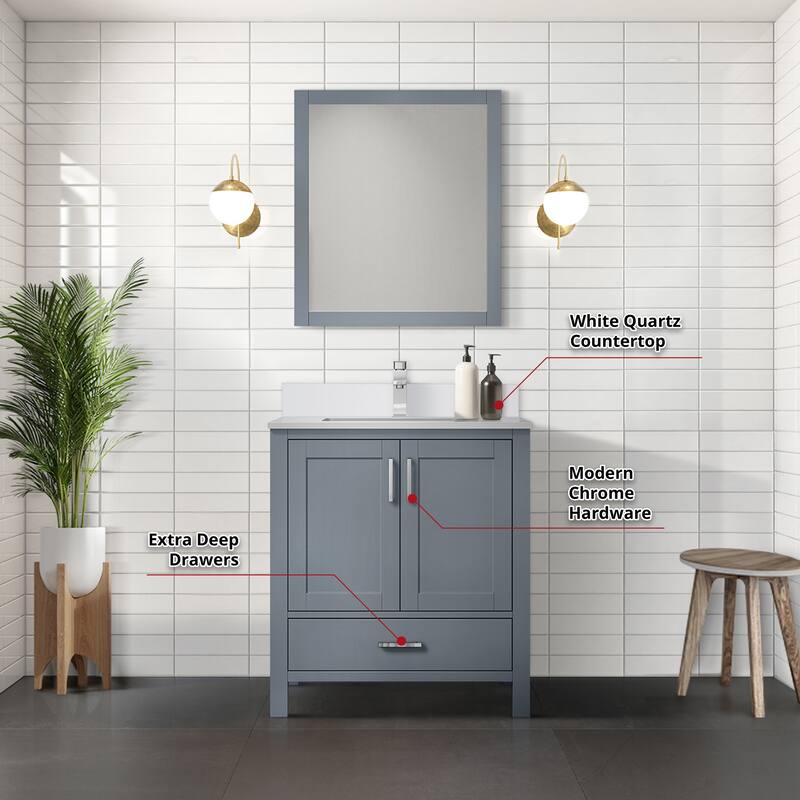 Jacques 30 in. W x 22 in. D Dark Grey Bath Vanity, White Quartz Top, and 28 in. Mirror