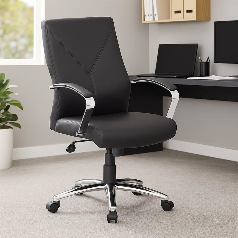 Roe Executive Swivel Chair, High Back Black Faux Leather, Chrome Metal