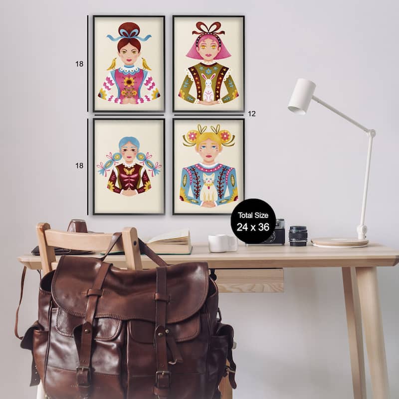 Stupell Floral Folk Women Portraits Framed Giclee Art Design By Hannah Moren (Set of 4)