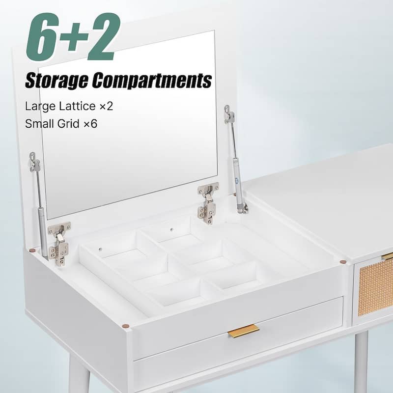 43.3" Classic Wood Makeup Vanity Set with Flip-top Mirror and Stool, Dressing Table with Three Drawers and storage space