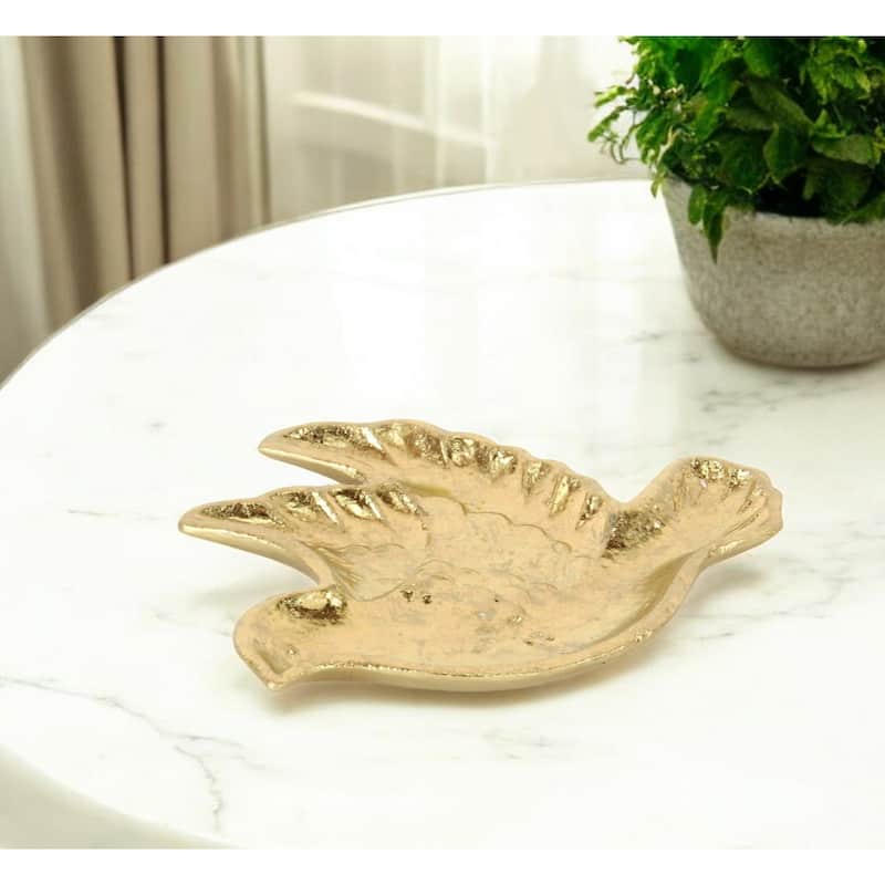 HomeRoots 7" Gold Cast Iron Dove Handmade Trinket Tray - Gold