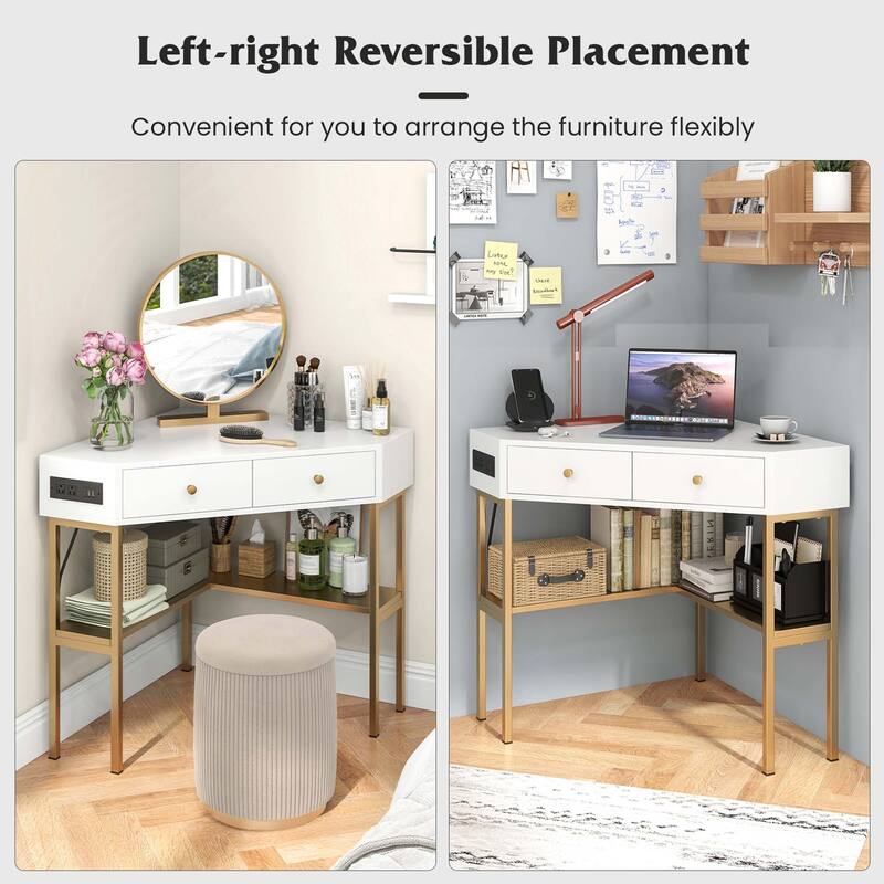 Costway Corner Desk with Built-in Charging Station Storage Drawers &