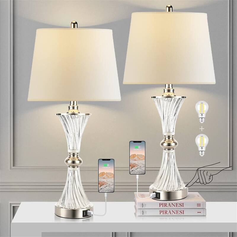 2 PCS Touch Control Table Lamp 3 Way Dimmable Drum Shade w/ 2 USB Charging Port (Bulbs Included)