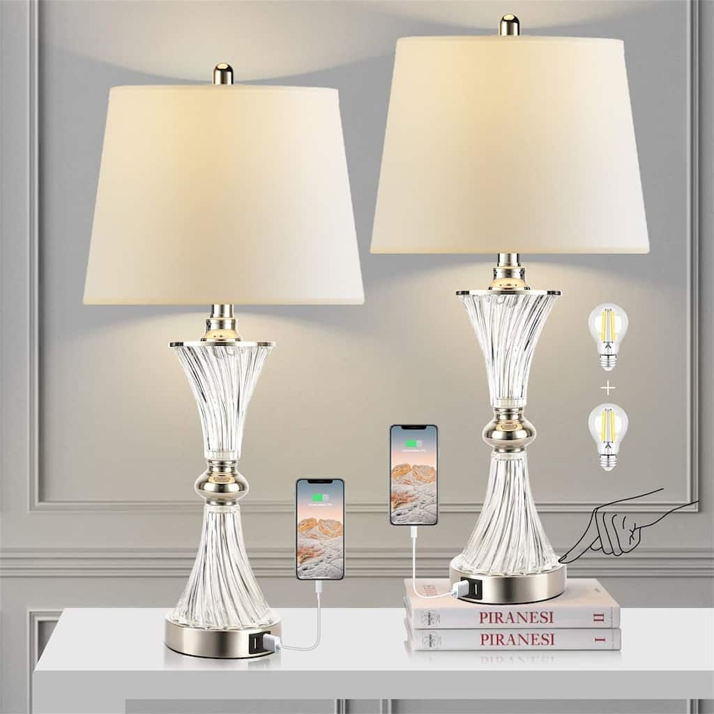 2 PCS Touch Control Table Lamp 3 Way Dimmable Drum Shade w/ 2 USB Charging Port (Bulbs Included)