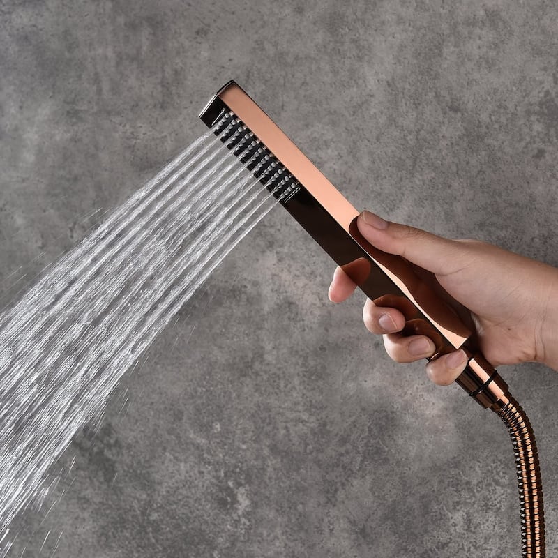 rose gold wall mount 12 inch rain head 2 way shower faucet with handle sprayer - 7'6" x 10'9"