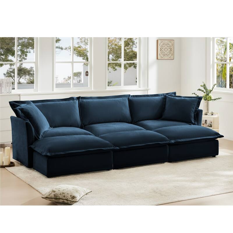 Modern 3-seater upholstered sofa with 3 ottomans and 2 pillows