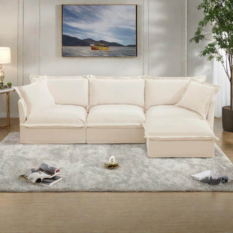 120" Chenille L-Shaped Sectional with Convertible Ottoman & 2 Pillows and 3-Seater Cloud Couch - Cream