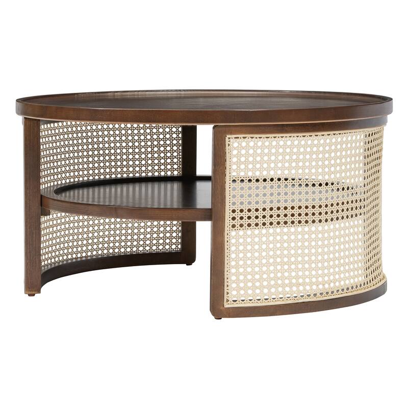 2-Tiered Round Coffee Table with Curved-Edge Top & Rattan Base, Boho Wood Center Table with Storage Shelf for Living Room