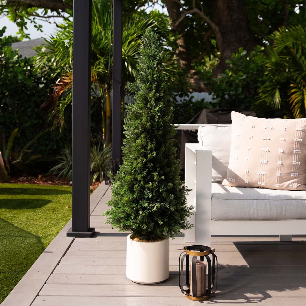 Potted Cedar Artificial Tree with White Planter - 4' - Green