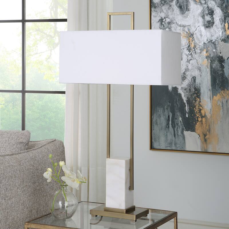 Column Steel Bars Table Lamp with Hardback Shade- 35" - White