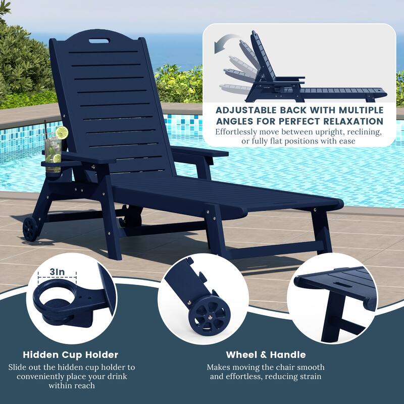 Brighton Outdoor Poly Reclining Chaise Lounge with Wheels & Cup Holder (Set of 4)