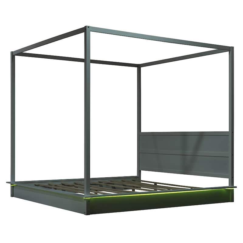 King Size Wood Led Canopy Bed ,Canopy Platform Bed With Support Slats, No Box Spring Needed