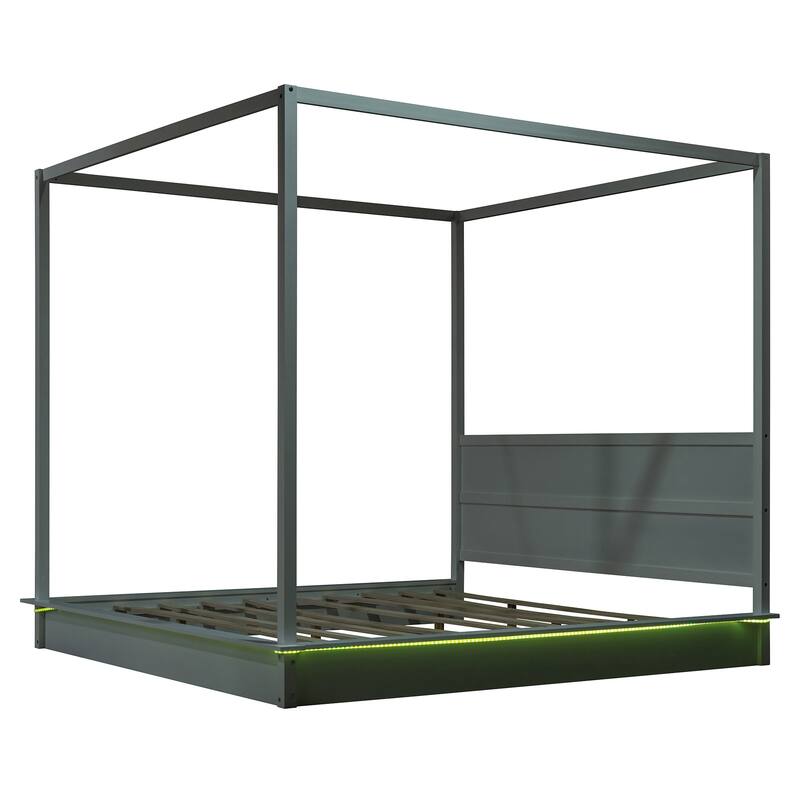 Wooden Canopy Bed with Brushed-effect Finish Master Bedroom Bed White Canopy Bed LED Platform Bed with Top Canopy Rails