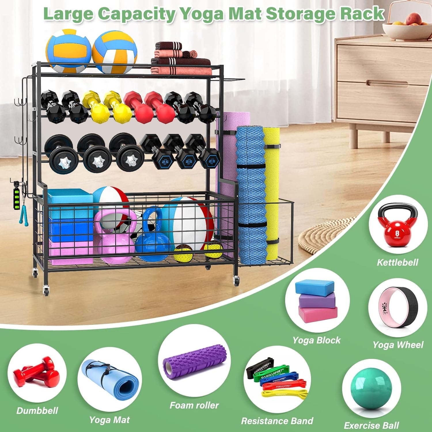 Home Gym Storage With Hooks and Wheels Yoga Mat Holder 29.5in