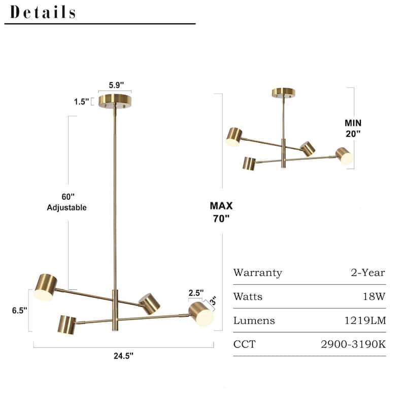 Modern Gold Brass 4/5-Light Integrated LED Chandelier Metal Linear Island Light for Kitchen