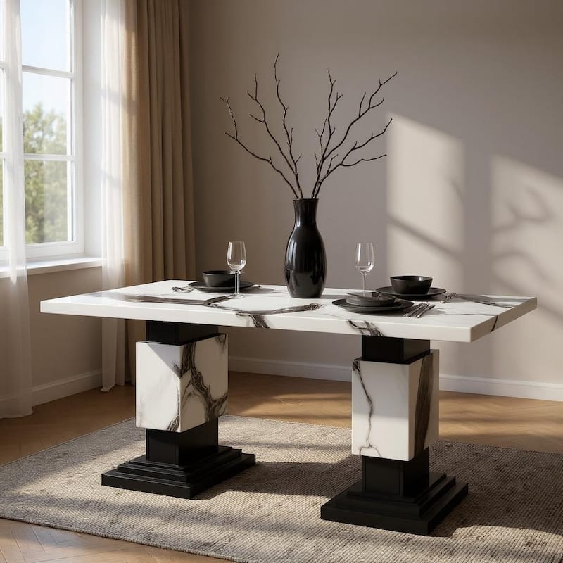 HomeRoots 82" Black and White Faux Marble and Wood Double Pedestal Base Dining Table - 82 in. x 30 in. x 40 in. - Black - 82 in. x 30 in.  x 40 in.
