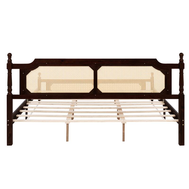 King Size Wooden Bed with Rattan Headboard and Footboard, Central Enhanced Platform, Espresso
