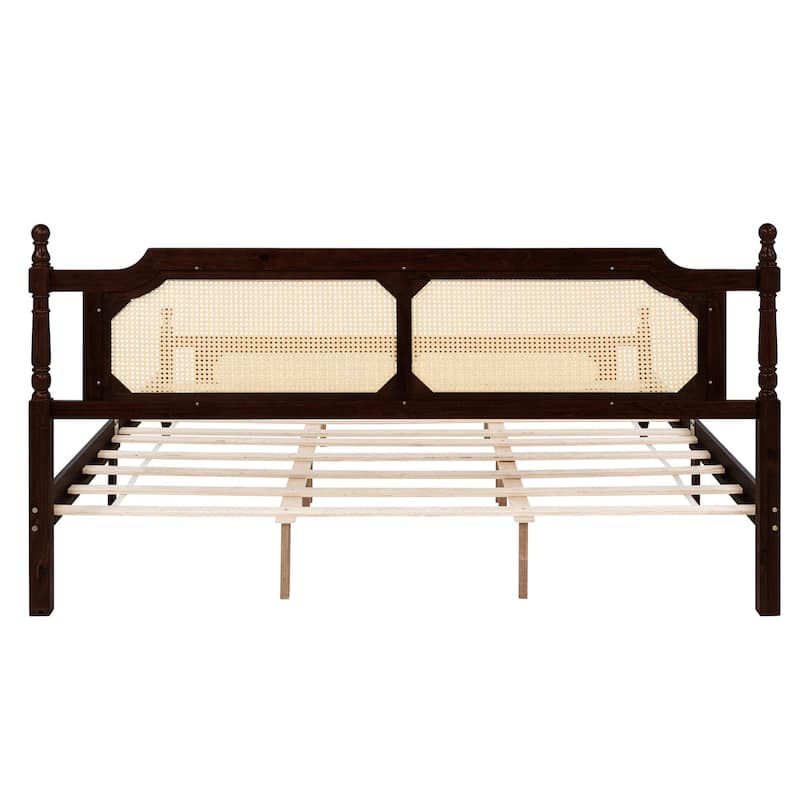Pine wooden Bed with Rattan Headboard and Footboard, with Central Enhanced Bed Platform