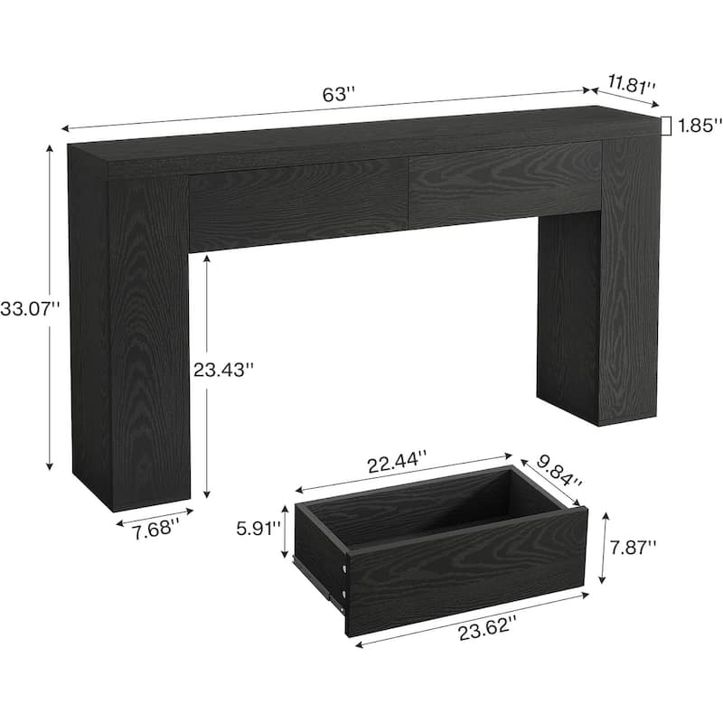 63-Inch Wooden Console Table with 2 Hidden Drawers, Sofa Table for Living Room, Hallway, Entrance, Foyer