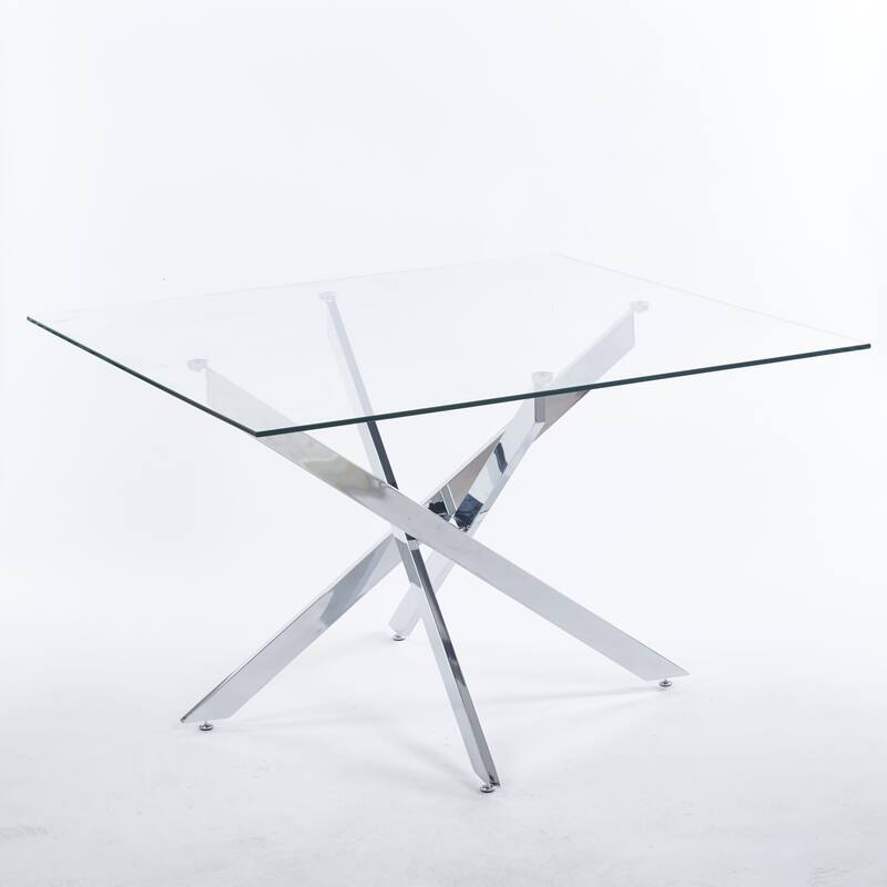 Chrome Dining Table with cross metal leg and glass,Modern Space Saving Kitchen Table for Living Room,120x120x75cm square glass