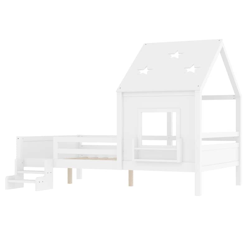 Low Profile Stairs Platform Bed Wood House Bed with Cute Star-shape Roof, Window, Bookcase and Blackboard for Boys and Girls
