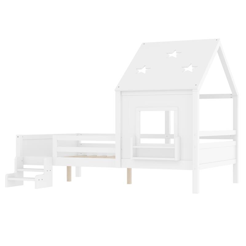 Roomfitters House Floor Bed with Bookcase and Blackboard, Solid Wood Frame with Low Stairs