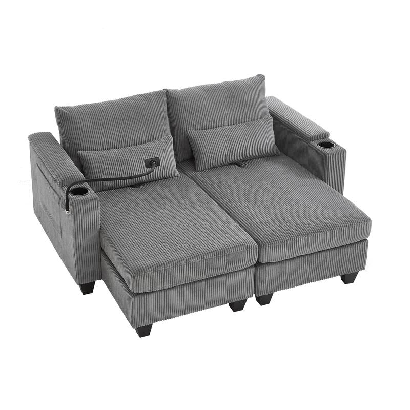 63" Convertible Corduroy Sofa Bed with USB Ports, Cup Holders, Storage, Grey