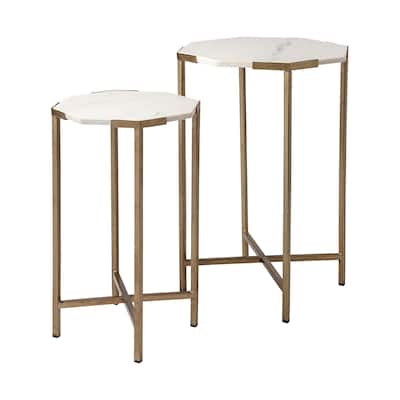 Vincent II White Marble and Iron Octagon Side Tables (Set of Two)