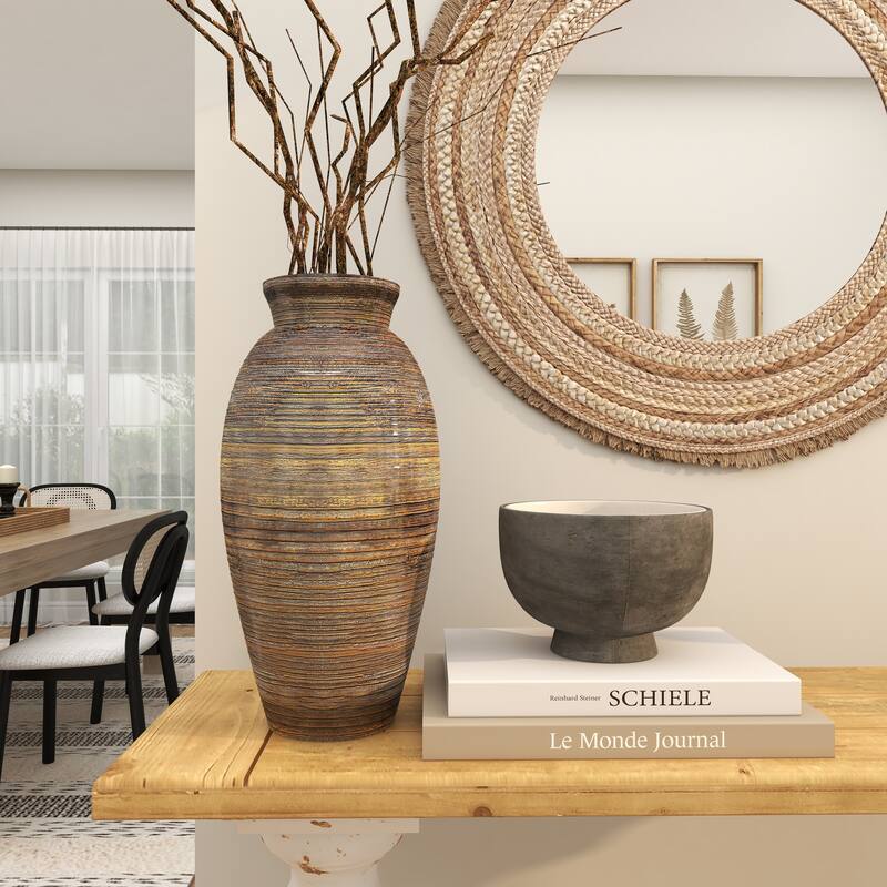 Brown Bamboo Wood Textured Decorative Vase with Lacquer