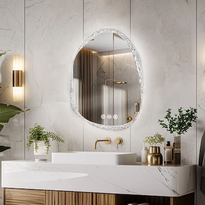 3-Color Backlit Frameless Irregular LED Bathroom Mirror with Defogging, Dimmable Lighting