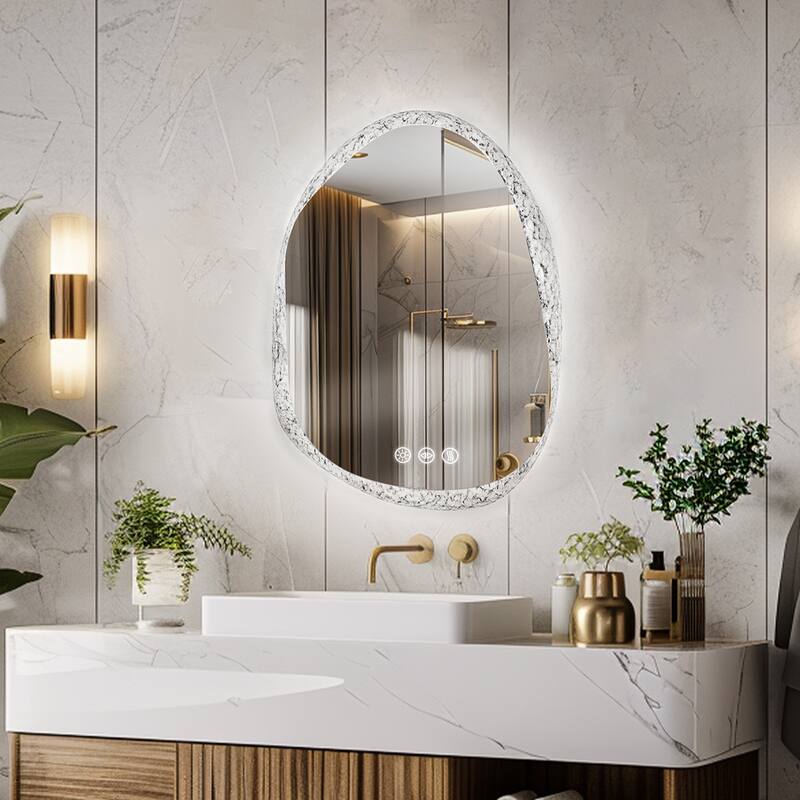 Irregular Crystal Edge Smart LED Bathroom Mirror 3 Colors Dimmable Light