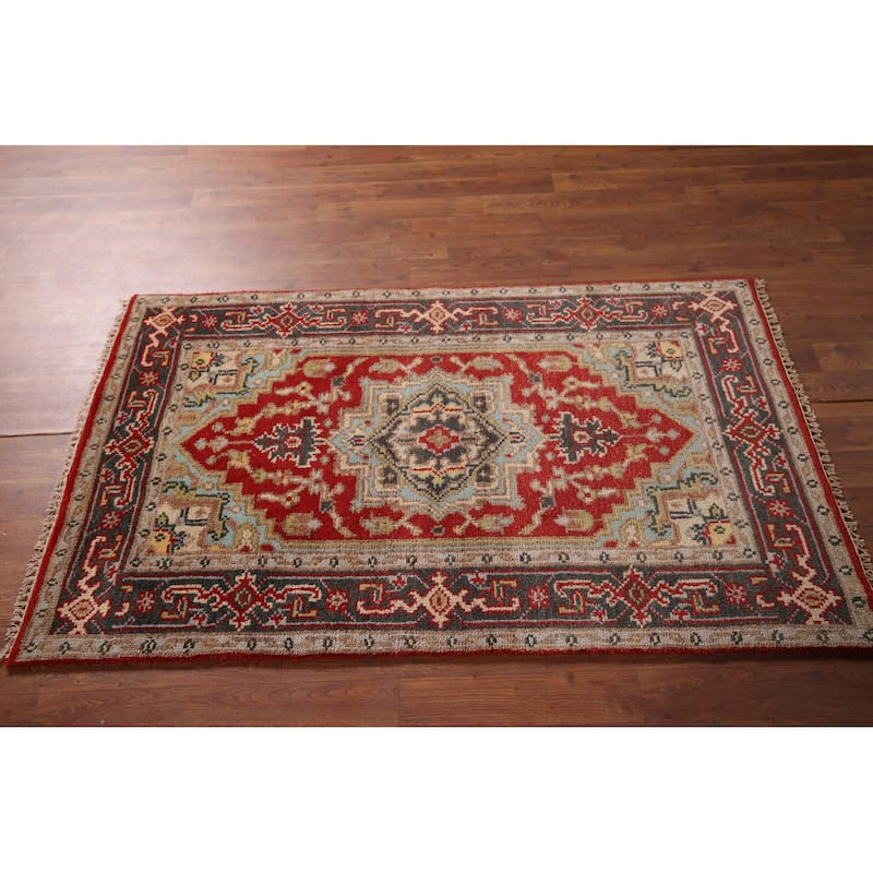Geometric Red Heriz Serapi Indian Accent Rug Hand-Knotted Wool Carpet - 2'11"x 4'11"