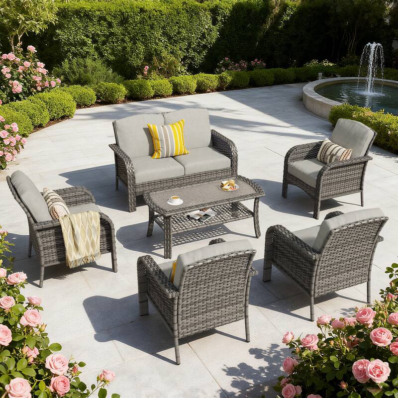 XIZZI 6-Piece Outdoor Wicker Patio Furniture Chairs Set with Coffee Table - Dark Grey