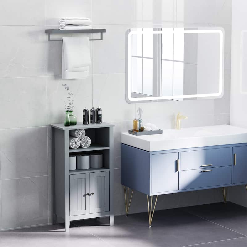 Kleankin Bathroom Cabinet Organizer with 2-Tier Open Shelves, Double Door Enclosed Storage and Elevated Base