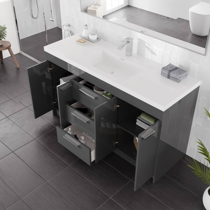 Eviva Lugano 60"W x 20"D Bathroom Vanity with White Acrylic Countertop and Integrated Sink