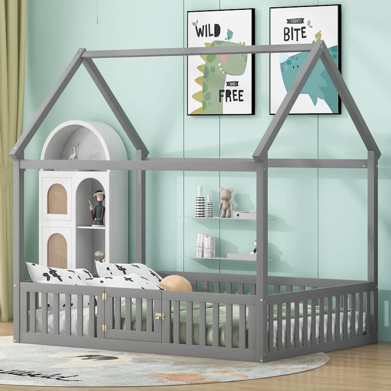 Full Pine House Bed with Fence and Door