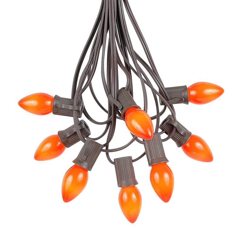 25 Foot C7 Ceramic Christmas Light Set, Hanging String Lights, Brown Wire - Orange