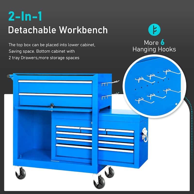 8-Drawer 2 in 1 Rolling Tool Chest Cabinet Garage Storage Toolbox with Detachable Top Tool Box and Universal Lockable Wheels