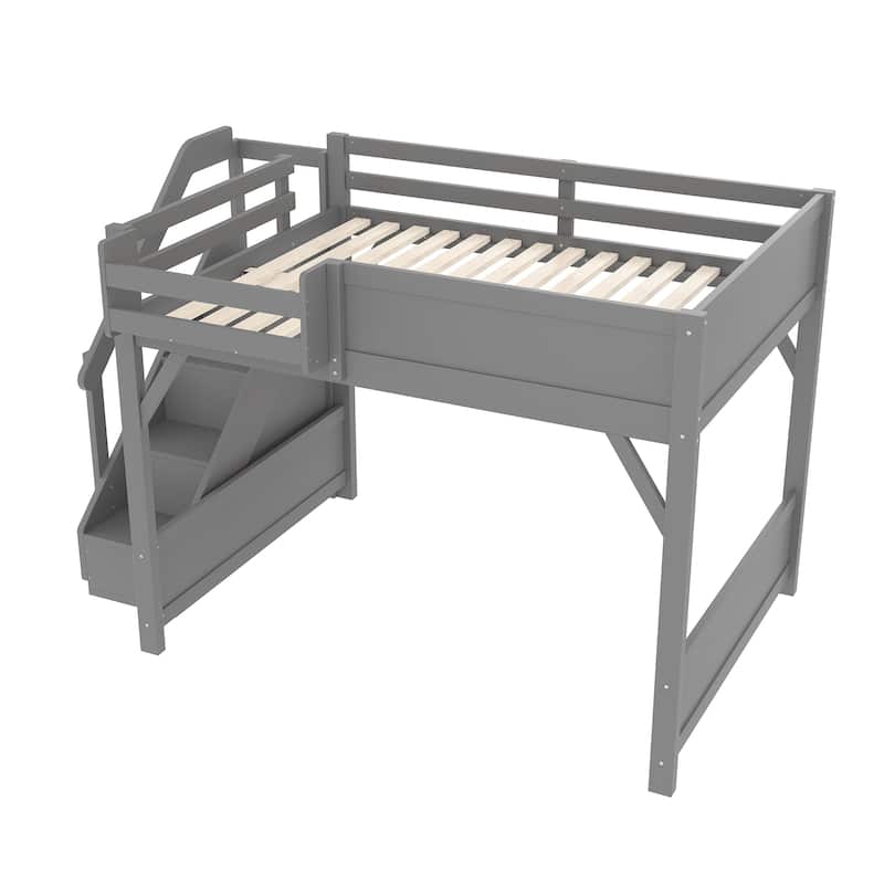 Full/Twin Loft Bed with Built-in Wardrobe, Storage & Stairs - Solid Wood, Full-Length Guardrails, No Box Spring