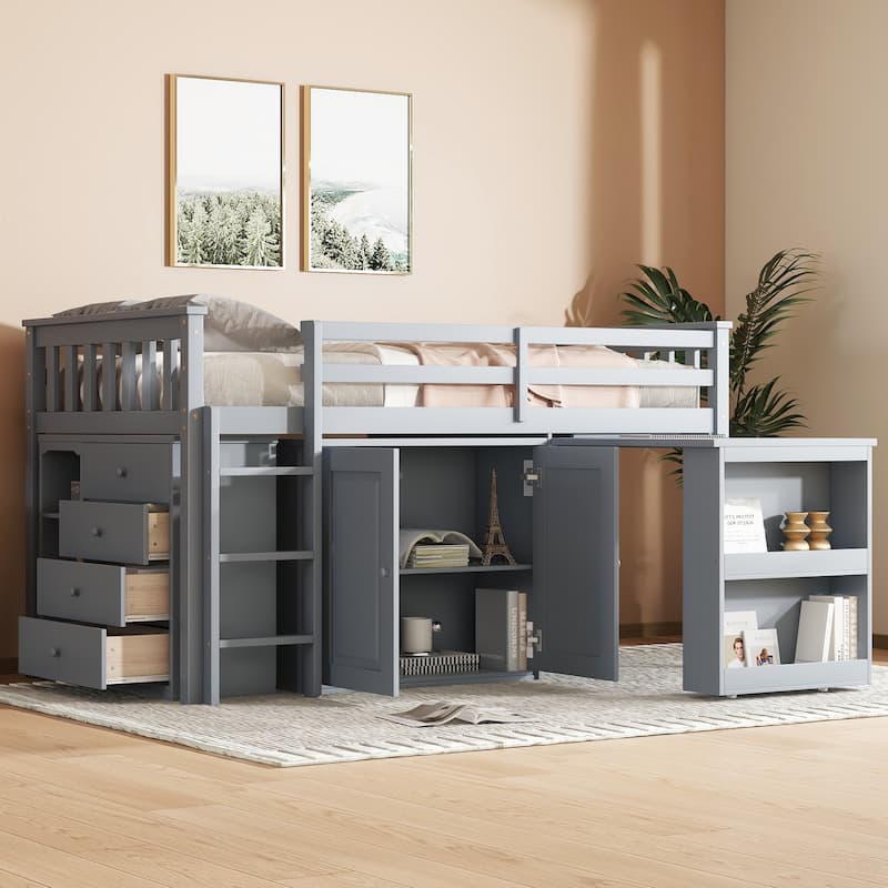 Loft Bed with Storage Cabinet,Drawer and Shelf Cabinet and Pulling-Out Desk