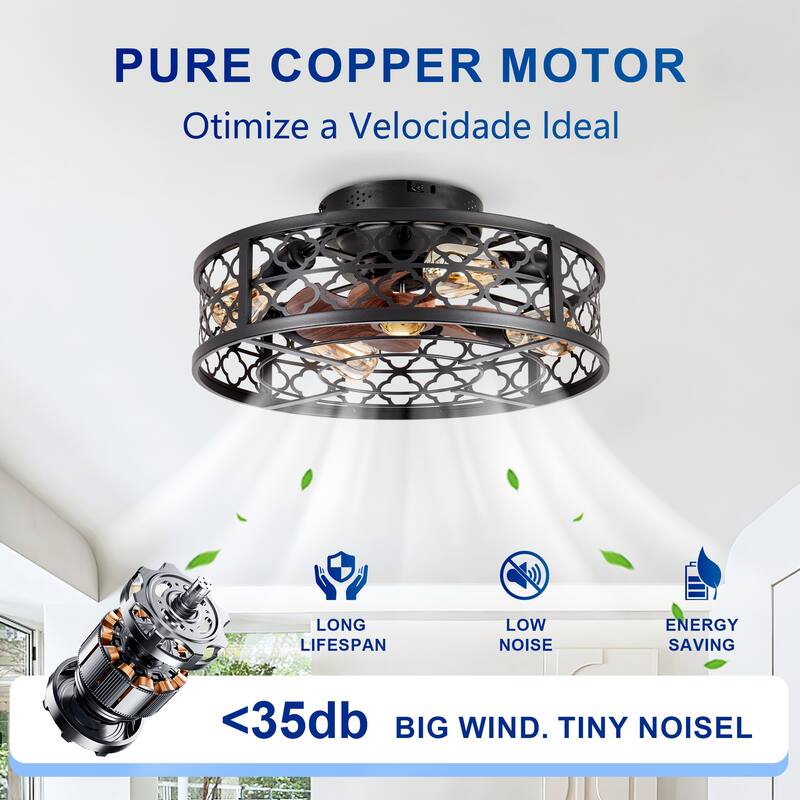 20 inch Flush Mount Ceiling Fan Light with Remote Caged Farmhouse Fandelier Black Wood Low Profile