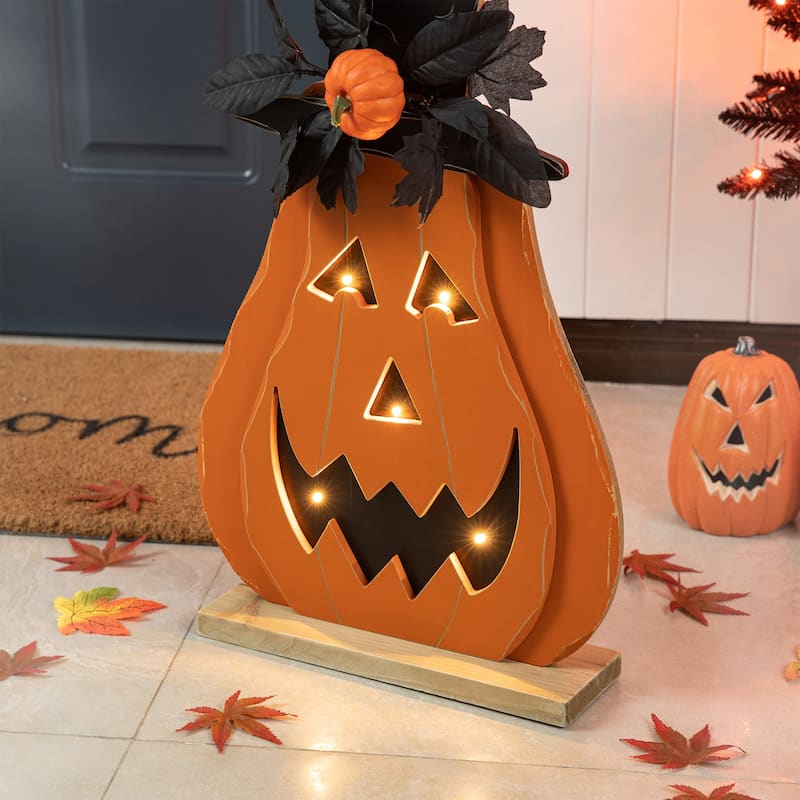 Glitzhome Halloween Metal Lighted Jack-O-Lantern Porch Decor